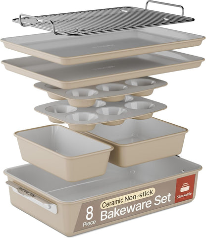 Bakken 8-Piece Stackable Bakeware Set | Non-Stick Ceramic, Ergonomic Handles, Oven-Safe, Assorted Pans