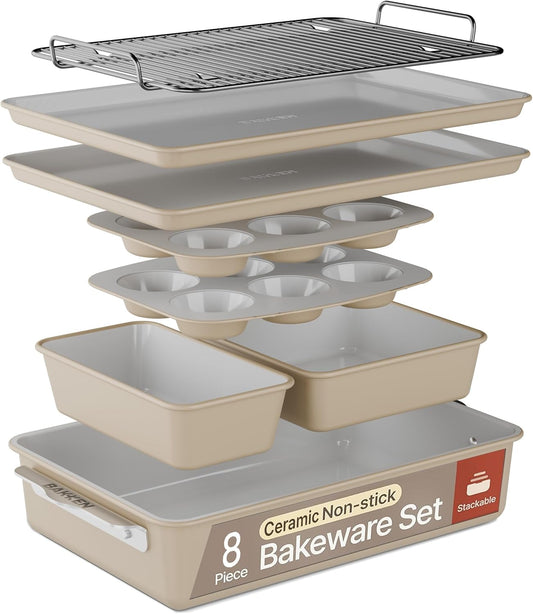 Bakken 8-Piece Stackable Bakeware Set | Non-Stick Ceramic, Ergonomic Handles, Oven-Safe, Assorted Pans