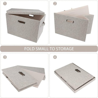 Graciadeco Large Collapsible Storage Bins - Stackable Beige Linen Fabric Boxes | 3-Pack (16.6 x 11.7 x 10.8)