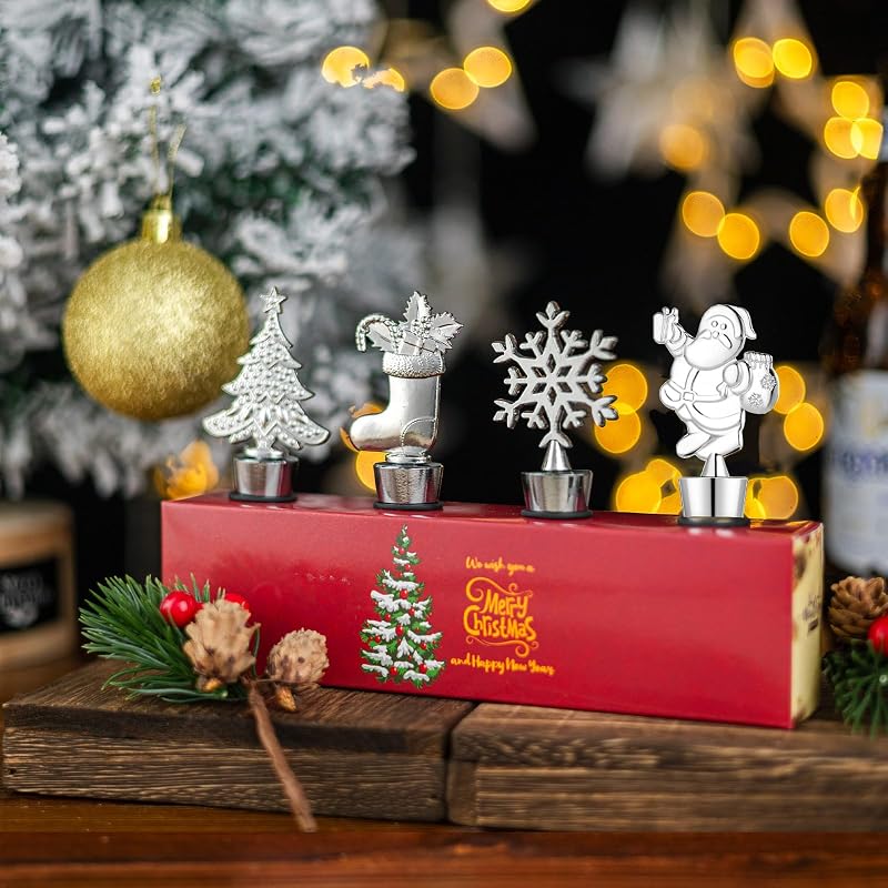 4 Pack Christmas Bottle Stoppers - Santa, Snowflake, Stocking & Tree (Silver) - Gift Box Holiday Set