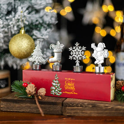 4 Pack Christmas Bottle Stoppers - Santa, Snowflake, Stocking & Tree (Silver) - Gift Box Holiday Set