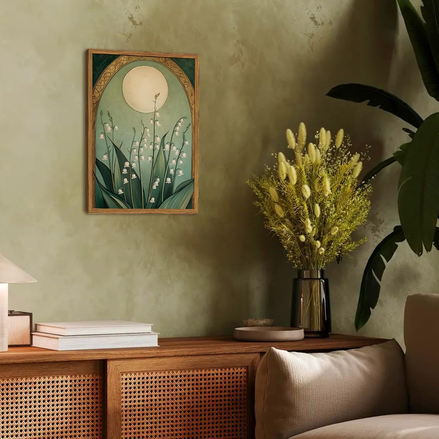 **Regine Switzerland Framed Vintage Lily of the Valley Wall Art - Moody Boho Floral Canvas Print 12x16in**