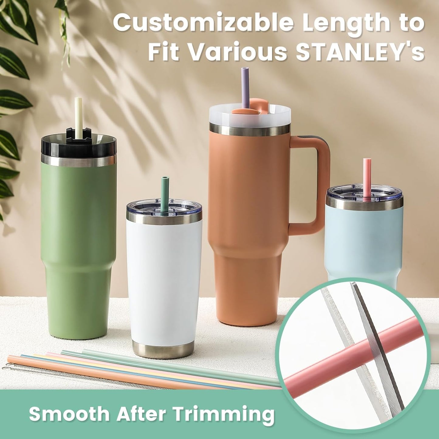 Skiennix 12-Pack Silicone Reusable Straws - Perfect Fit for Stanley 40 oz & 30 oz Tumblers | 12.2 Inch Long with 2 Cleaning Brushes