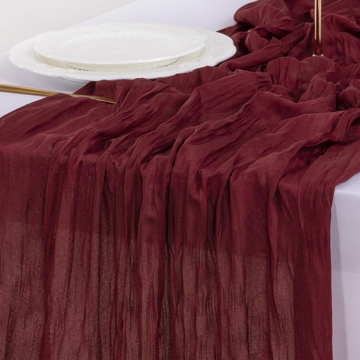 Socomi Burgundy Red Cheesecloth Table Runner - 120 Inch Boho Rustic Sheer Decor for Weddings & Parties