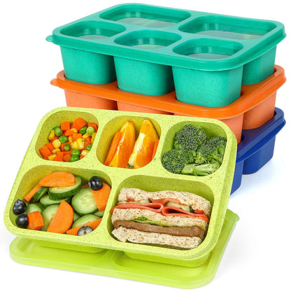 Caperci 4 Pack Bento Snack Box Containers for Adults & Kids - Reusable Adult Lunchable Containers with 5 Compartments for School, Work, and Travel, Wheat Straw, BPA-Free (Jewel Brights)