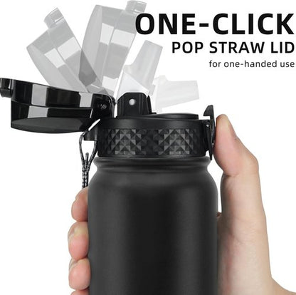 Fanhaw 20 Oz Insulated Stainless Steel Water Bottle - Leakproof Straw Lid | Black Sports Bottle for All