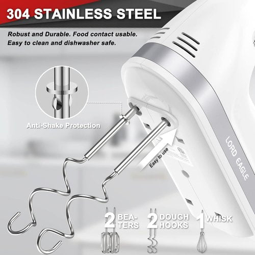 Lord Eagle Electric Hand Mixer - 400W 5-Speed Lightweight Kitchen Mixer with 5 Attachments & Storage Case
