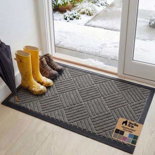 GORILLA GRIP 100% Waterproof All-Season WeatherMAX Doormat, 34x58, US Designed Natural Rubber, Stain and Fade Resistant, Low Profile Indoor Outdoor Door Mats, Easy Clean Patio Mat, Gray Diamond