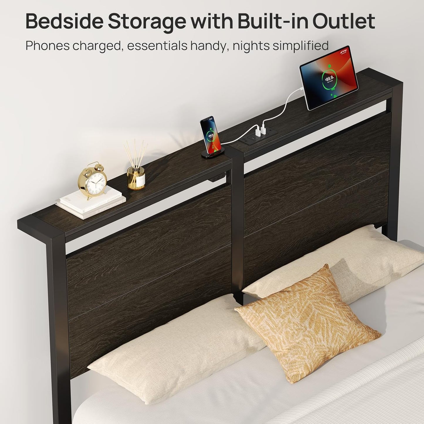 Rolanstar Queen Bed Frame - LED Headboard with Charging Station | Noise-Free, Black Oak Design