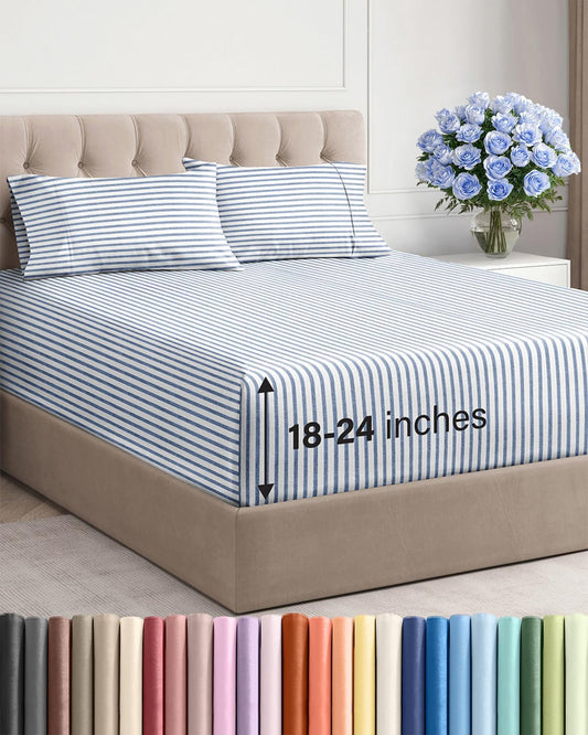 Skiennix Extra Deep Twin Sheet Set | 4-Piece Breathable Cooling Bedding - Soft, Wrinkle-Free Blue Stripes