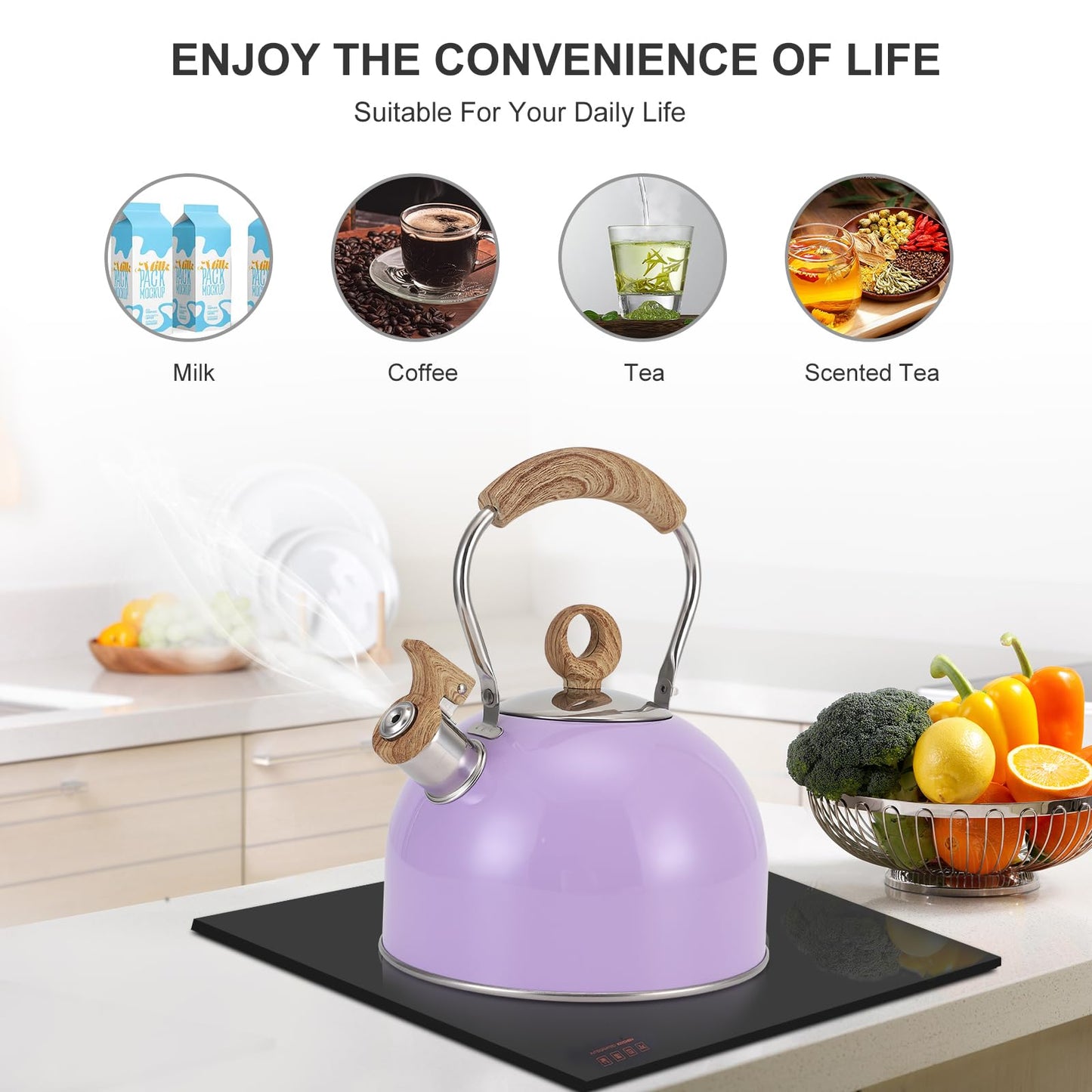 Tea Kettle, Vegoran 85 OZ / 2.5 Liter Whistling Tea Kettle, Tea Pots for Stove Top Food Grade Stainless Steel with Wood Pattern Folding Handle, Loud Whistle Kettle for Tea, Coffee, Milk (Purple)