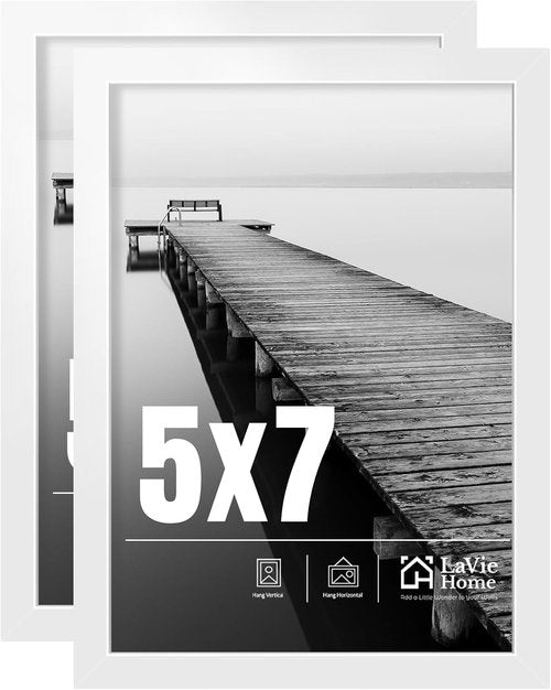 LaVie Home 5x7 Picture Frame - Classic White Photo Frames with HD Plexiglass | 2-Pack for Vertical/Horizontal Display