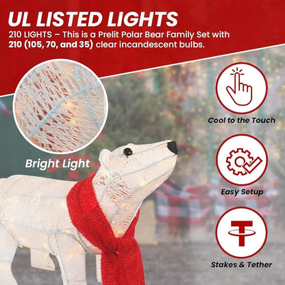 White Polar Bear Family 3-Piece Lighted Outdoor Christmas Decoration | 210 LED Lights