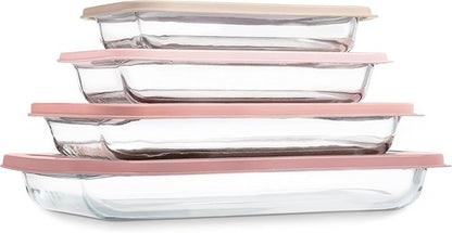 Cook With Color 8 Pc. Glass Baking Dish Set - Deep Casserole Dishes with Lids, Oven & Microwave Safe, Clear & Pink
