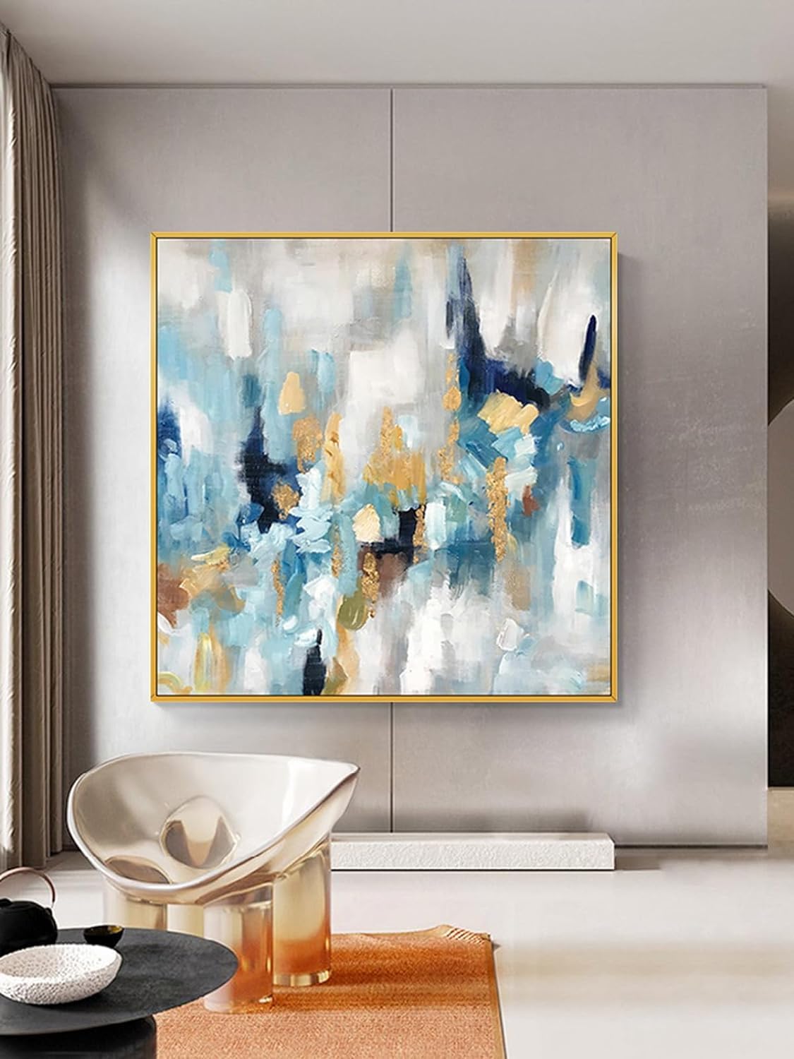 Blue and Gold Abstract Wall Art for Office. Large Hand-Painted Oil Painting for Living Room. Framed Blue Wall Painting Contemporary for Bedroom Home Decoration Ready to Hand 30x30inches