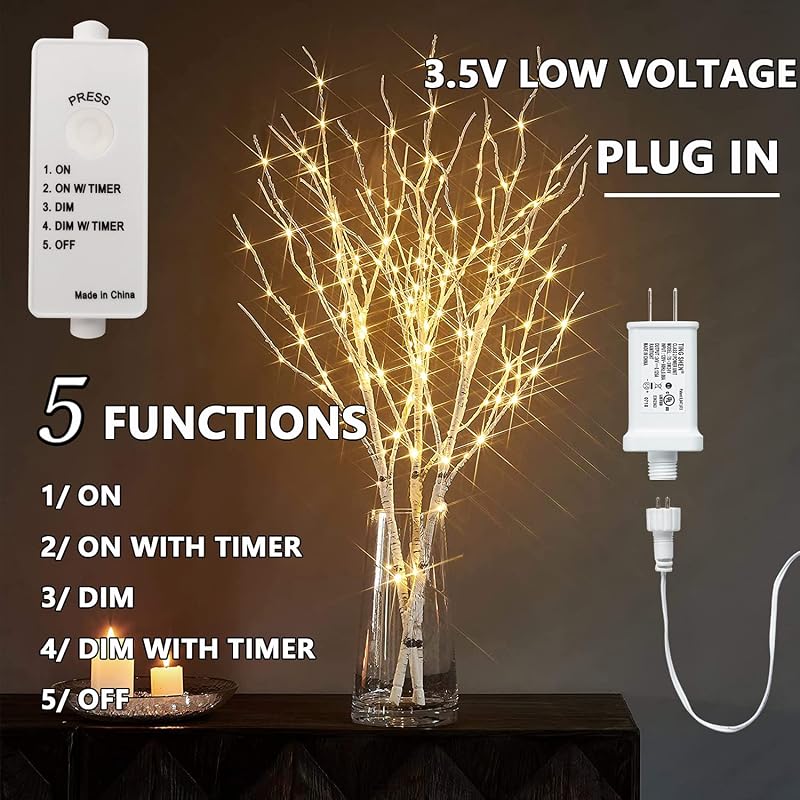 Fudios 150 LED Lighted Branches with Timer, 32in Plug-In Birch Twigs for Vase - 3 Branches