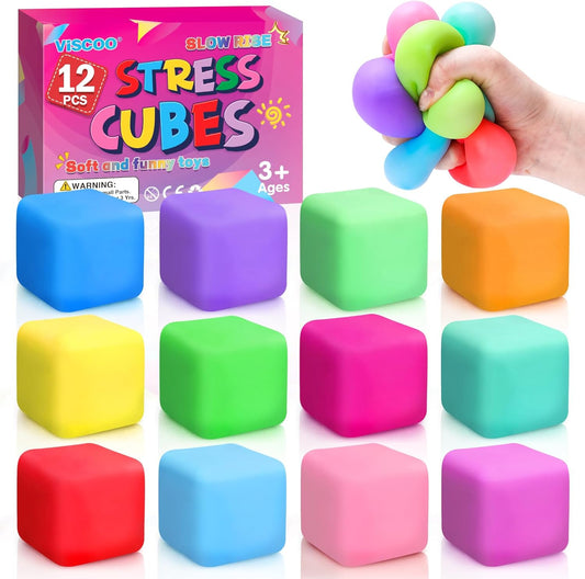 Skiennix 12 Pack Stress Cube Set - Slow Rising Squishy Fidget Toys for Anxiety Relief | Ideal for Kids & Adults