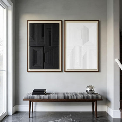 Thalasse 3D Textured Framed Abstract Wall Art - Modern Geometric Black & White Decor | 16x24 In, 2 Piece Set