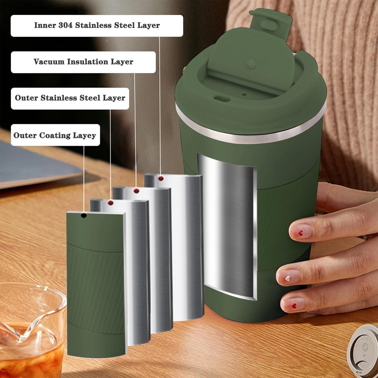 Skiennix Insulated Stainless Steel Coffee Tumbler - Reusable Hot & Iced Coffee Mug, 17 oz, Olive