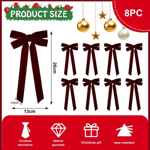 Burgundy Velvet Ribbon Bows by [Brand Name] - 8 Pcs 5in x 10in Christmas Tree Ornaments | Perfect for Wreaths & Gift Wrapping