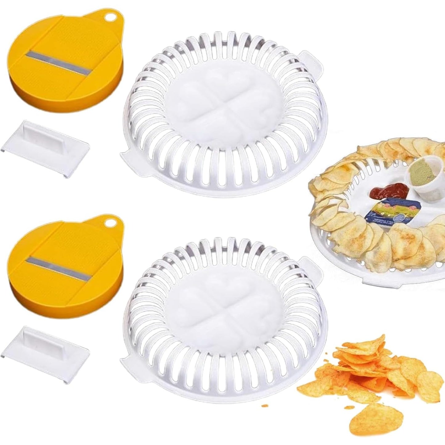 Microwave Potato Chip Maker with Potato Chip Slicer,Microwave Oven Potato Chips Baking Tray,Multifunctional Potato Chip Tools DIY Snack Baking Gadget,Microwave Potato Chip Maker Baking Tray (2PCS)