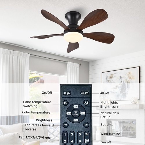 FUMLTP 33In Low Profile Ceiling Fans with Lights and Remote/APP Control,Modern Flush Mount Ceiling Fan with 5 Reversible Blades for Outdoor Patio,Small Room,Bedroom(Black+Brown