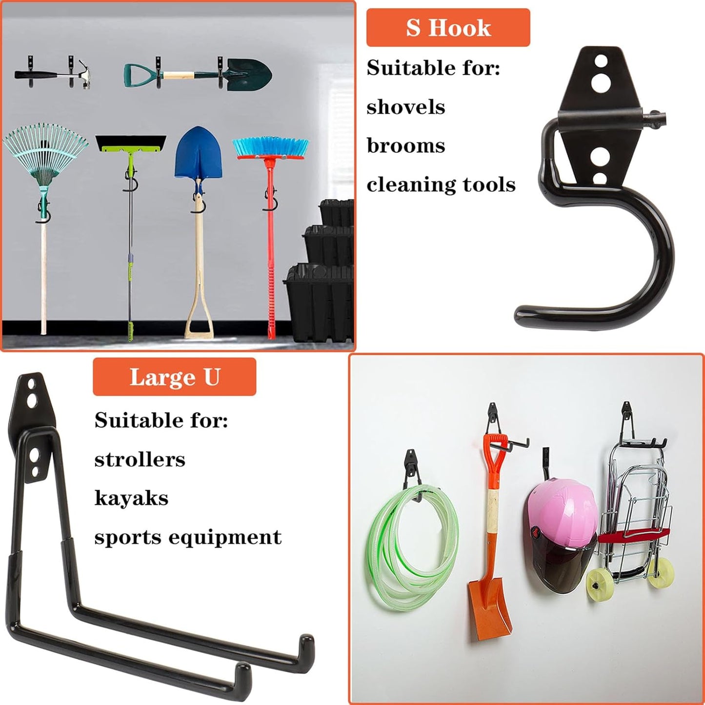 TocTen Heavy-Duty Garage Hooks - 14 Pack Solid Steel Wall Mount Storage Kit | Anti-Slip Coating, Black