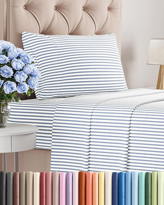 Skiennix Twin Size 3-Piece Sheet Set - Comfy Cooling Bed Sheets - Luxury Hotel Quality - Deep Pockets, Soft, Wrinkle-Free - Blue Stripes