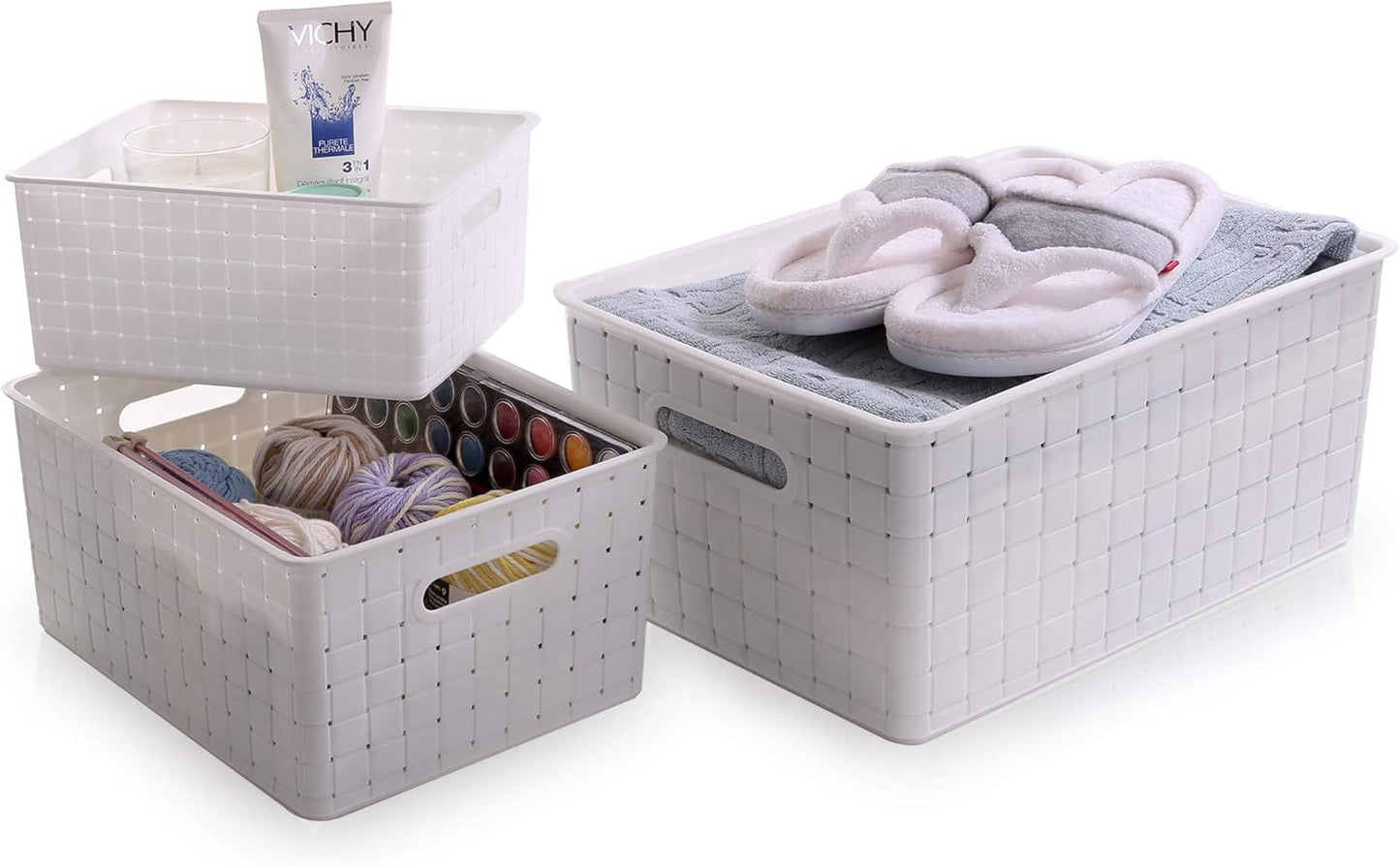 BINO Small White Plastic Baskets - 5 Pack Rectangular Organizers for Cabinets & Drawers