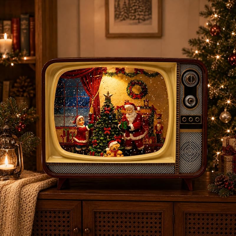 Retro TV Christmas Decor LED Water Spinner Santa Scene - Battery Operated Acrylic Globe