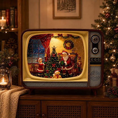 Retro TV Christmas Decor LED Water Spinner Santa Scene - Battery Operated Acrylic Globe
