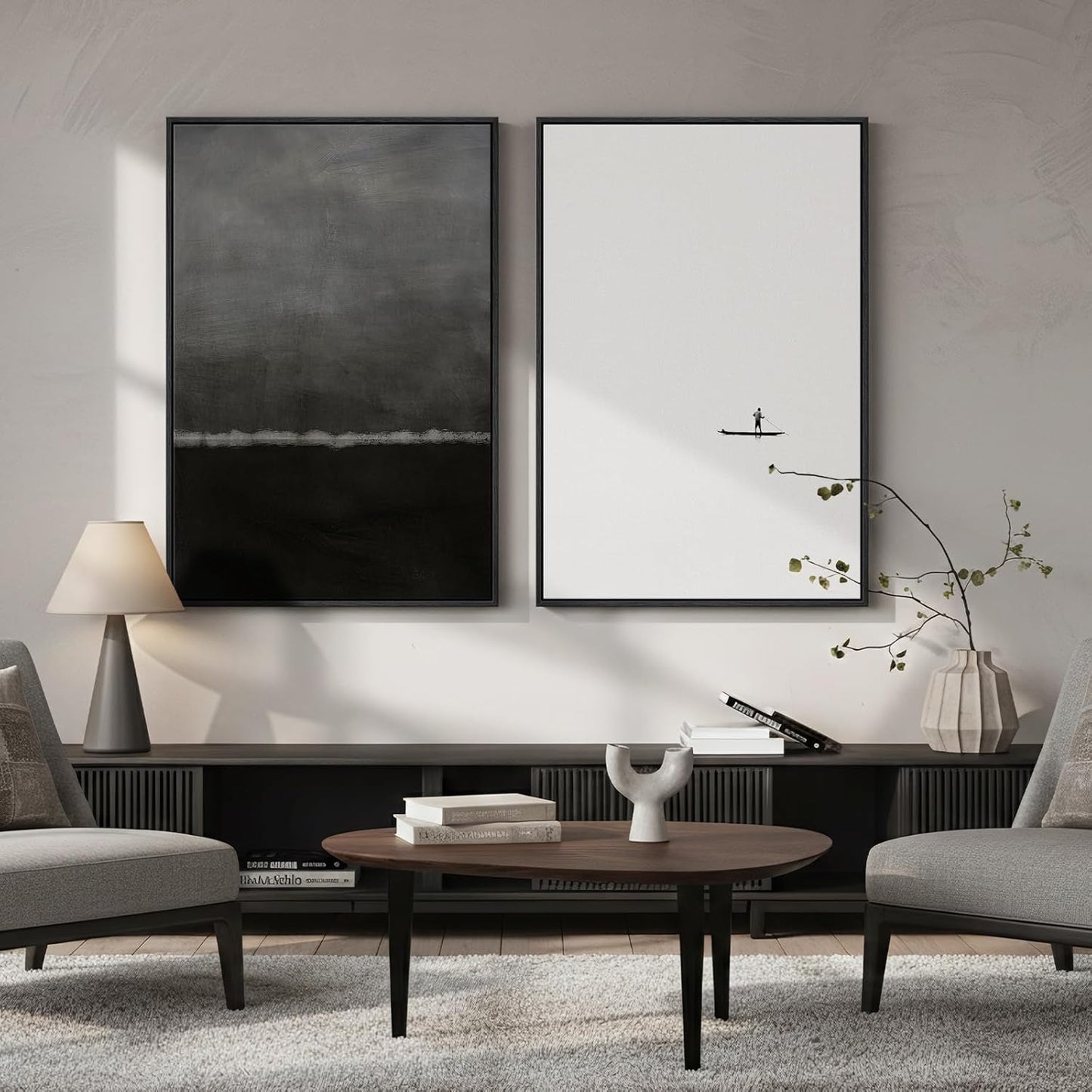 Skiennix Framed Black and White Abstract Wall Art - Large Set of 2 Minimalist Canvas Prints 24x36 In