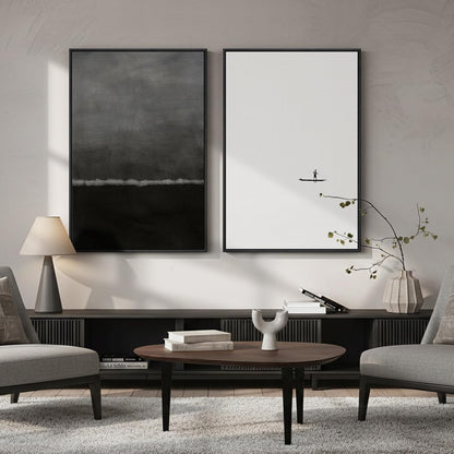 Skiennix Framed Black and White Abstract Wall Art - Large Set of 2 Minimalist Canvas Prints 24x36 In