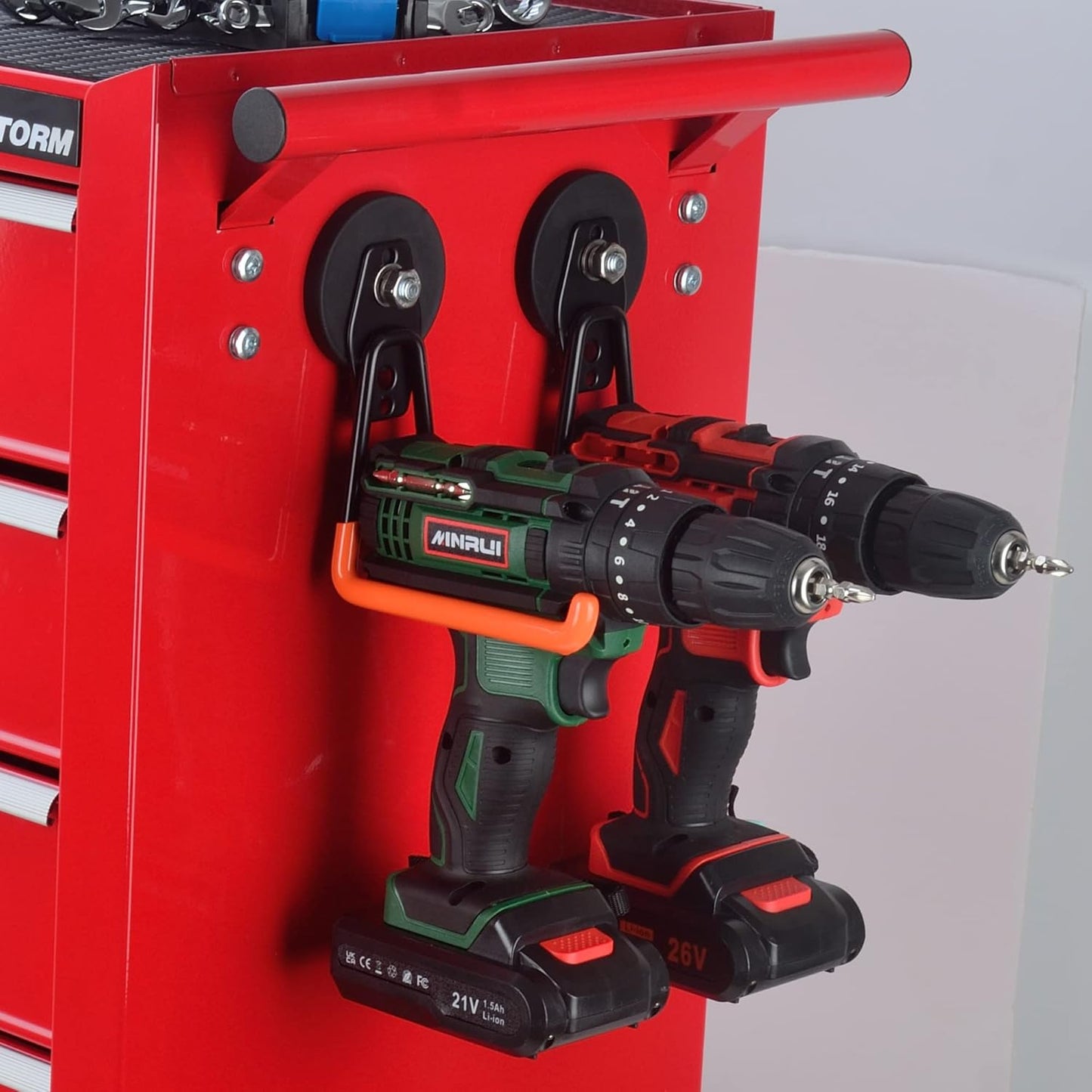 ULIBERMAGNET Magnetic Power Tool Organizer - Heavy Duty Cordless Drill Hooks | Large & Strong, 2-Pack (Orange)