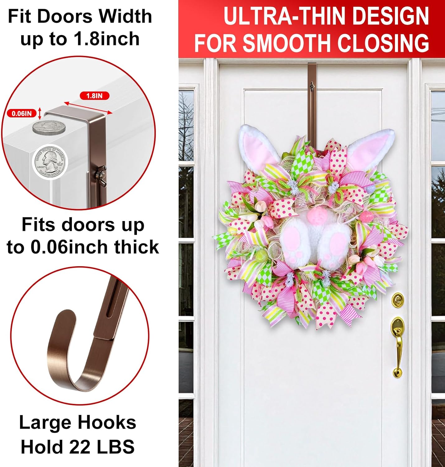 Skiennix 2-Pack Adjustable Wreath Hangers - Heavy Duty Metal Over The Door Hooks (12.5-20") for Easter & Welcome Signs