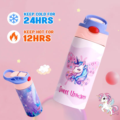 DOPHCOZFFY Kids Insulated Water Bottle, 12.6 oz Stainless Steel Water Bottle, Double Wall Toddler Water Bottle, Water Bottles for Kids BPA-Free for School Boys Girls (2PCS-purpleM+mermaid)