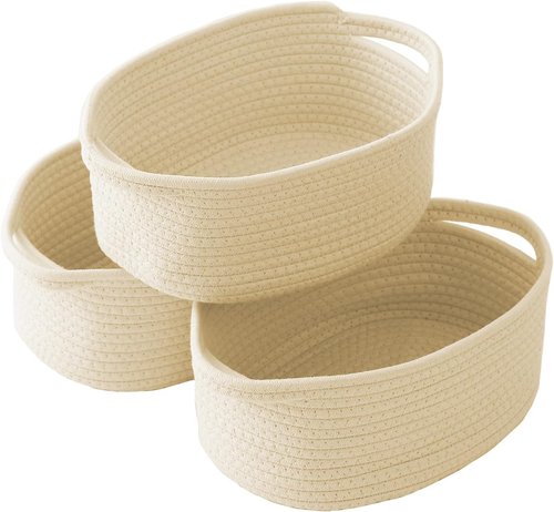 JMvicyroam Woven Basket - Small Rope Storage Bin with Handles for Organizing Shelves | Beige, 3-Pack