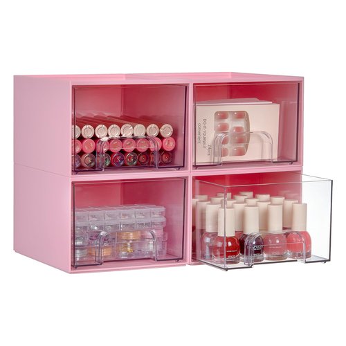 Vtopmart 4Pack Small Stackable Storage Drawers, Bathroom Makeup Organizer,Plastic Storage Bins For Vanity, Undersink, Kitchen Cabinet, Pantry, Home Organization(Pink)
