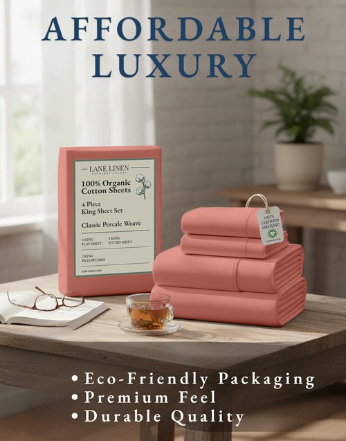 LANE LINEN 100% Organic Cotton Fully Elasticized King Sheet Set, Low Pilling Fade Resistant Machine Washable Naturally Cooling King Bedding Set, Mercerized Soft & Comfy Cotton Sheets – Rose Dawn