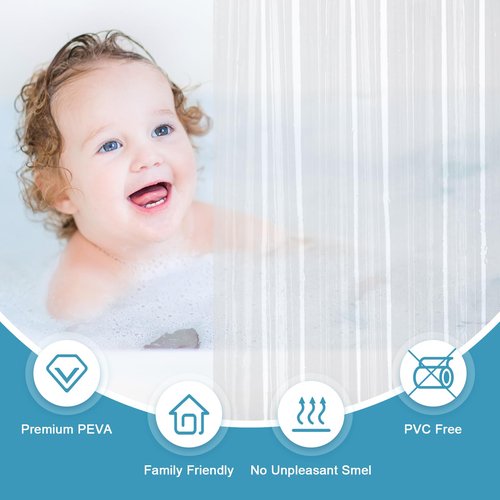 EurCross 9G Clear Shower Curtain Liner 72 x 78 inches Long with 5 Magnet Weights, Heavy Duty Weighted Premium PEVA Plastic Shower Curtain Liner with 12 Hooks for Bathroom