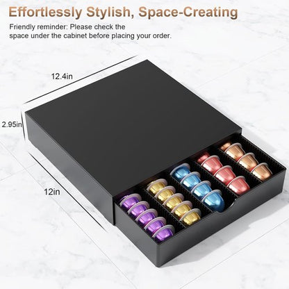 Coffee Pods Drawer Organizer - Nespresso Vertuo Compatible | Holds 60 Small or 40 Large Pods (Black)