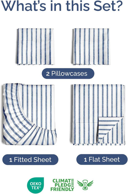 Skiennix Extra Deep Twin Sheet Set | 4-Piece Breathable Cooling Bedding - Soft, Wrinkle-Free Blue Stripes