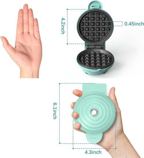 CROWNFUL Mini Waffle Maker - 4" Compact Chaffle Maker with Non-Stick Surface & Recipe Guide