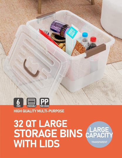 WYT 32 Qt Clear Plastic Storage Bins - Durable Lids & Latching Buckle | 6-Pack Stackable Tote Boxes