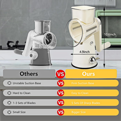 PDAENLKY Rotary Cheese Grater with Handle, 5-in-1 Cheese Grater Hand Crank, Strong Suction Base, White