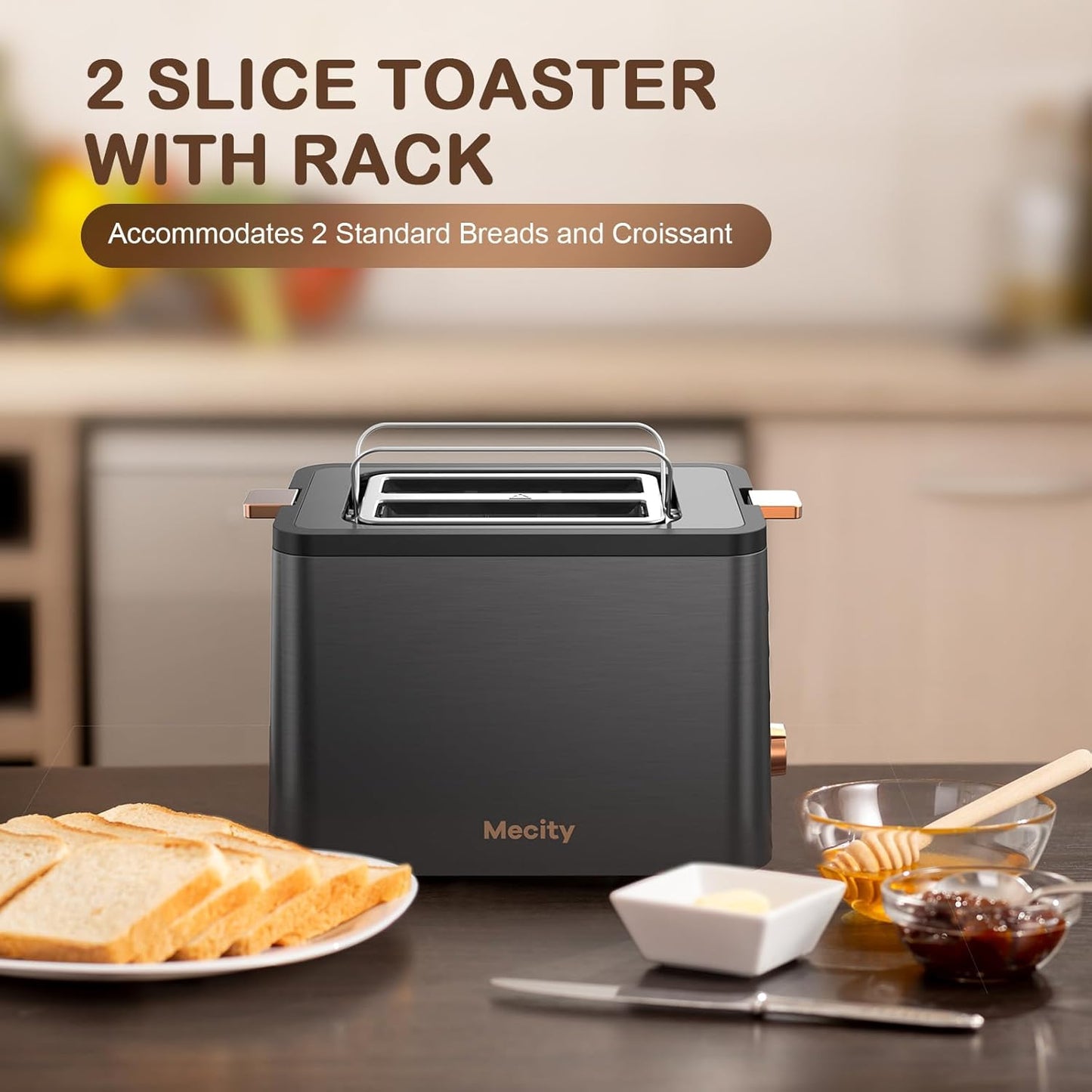 Mecity 2-Slice Stainless Steel Toaster - Extra Wide Slots, 6 Browning Settings, Timer & Warming Rack | Grey