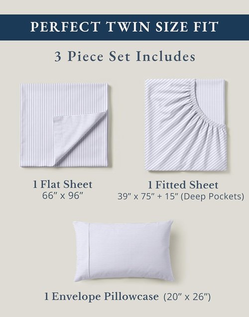 LANE LINEN 100% Organic Cotton Twin Sheets - Soft & Comfy Classic Ticking Stripe Print | Fade Resistant & Naturally Cooling