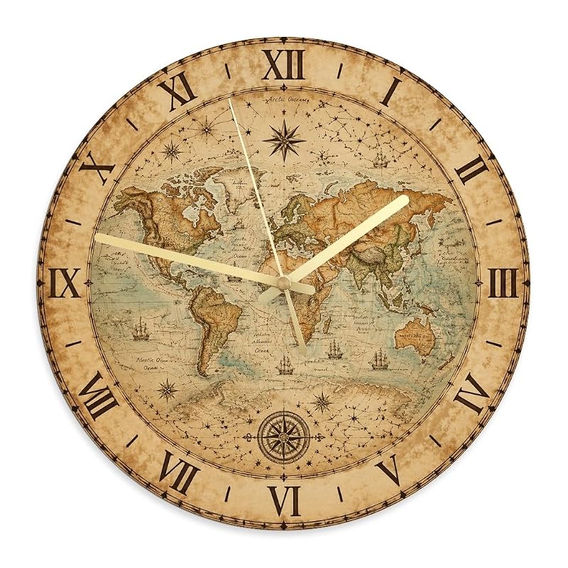 World Map Wall Clock - Vintage Rustic Compass, 11.6x11.6 in, Brown, Silent Non-Ticking
