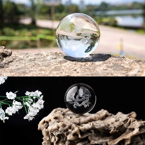 HDCRYSTALGIFTS 3D Inner Carved Dragon Crystal Ball - 60mm Glass Paperweight with Wooden Base for Lucky Birthday Gift