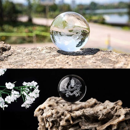 HDCRYSTALGIFTS 3D Inner Carved Dragon Crystal Ball - 60mm Glass Paperweight with Wooden Base for Lucky Birthday Gift